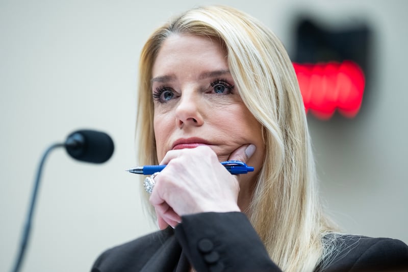 UNITED STATES - FEBRUARY 11: Attorney General Pam Bondi testifies during the House Judiciary Committee hearing titled "Oversight of the U.S. Department of Justice," in Rayburn building on Wednesday, February 11, 2026. (Tom Williams/CQ-Roll Call, Inc via Getty Images)