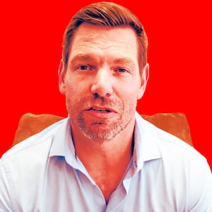 A photo illustration of Eric Swalwell on a red background.