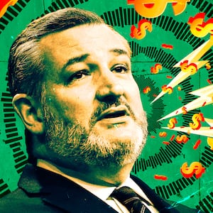 A photo illustration of Senator Ted Cruz on a green background of dollar signs and soundwaves.