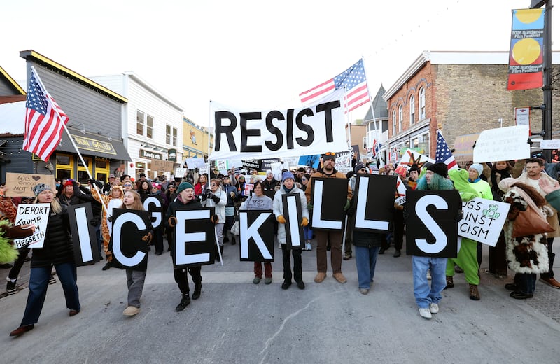 Demonstrators protest the United States Immigration and Customs Enforcement (ICE) on Main Street during the 2026 Sundance Film Festival on January 26, 2026 in Park City, Utah.