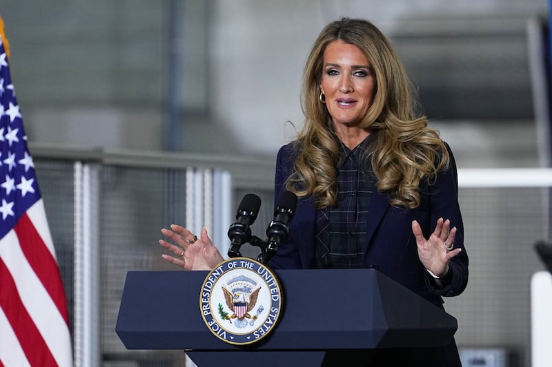 PLOVER, WISCONSIN - FEBRUARY 26: U.S. Administrator of the Small Business Administration Kelly Loeffler speaks ahead of U.S. Vice President JD Vance at Pointe Precision on February 26, 2026 in Plover, Wisconsin. Following the State of the Union, Vance is visiting the Pointe Precision machining facility. (Photo by Matt Rourke-Pool/Getty Images)