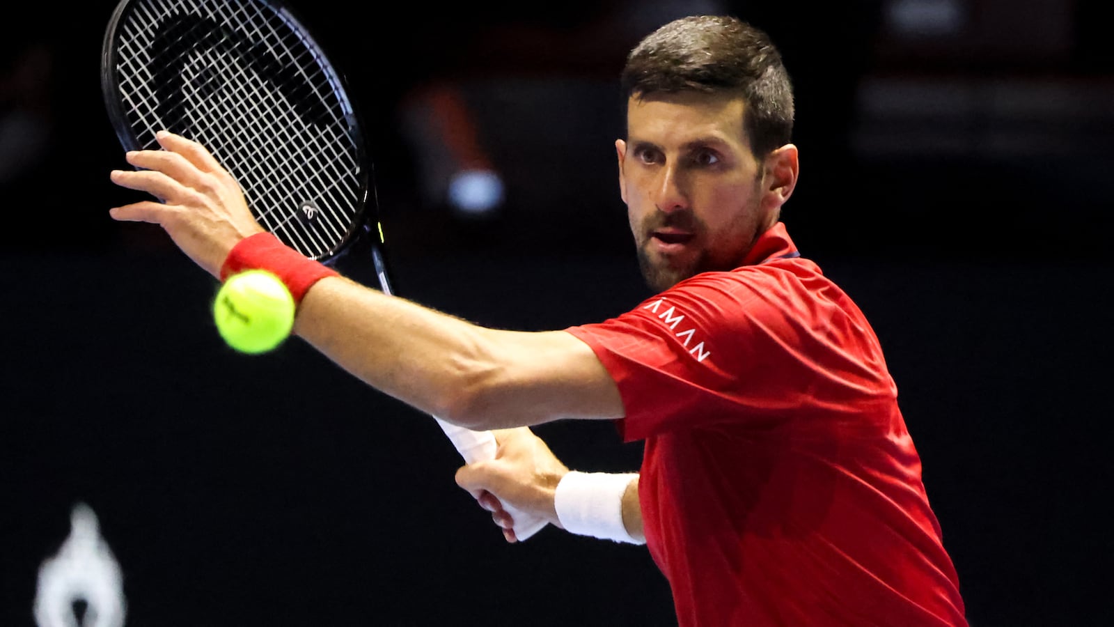 Serbia's Novak Djokovic returns the ball against Italy's Jannik Sinner during the semi-final of the Six Kings Slam exhibition tennis tournament in Riyadh on October 16, 2025. (Photo by Fayez NURELDINE / AFP) (Photo by FAYEZ NURELDINE/AFP via Getty Images)