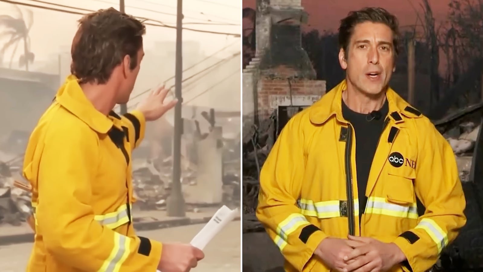 ABC News anchor David Muir with clips on his jacket, left, and without them on them, right, while reporting on the Los Angeles wildfires.