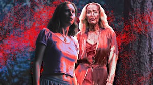 A photo illustration of Gillian Anderson and Hannah Einbinder in Teenage Sex and Death at Camp Miasma.