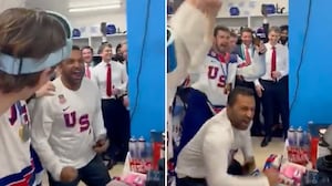 Kash Patel in US Men's Hockey locker room at the Milan Olympics
