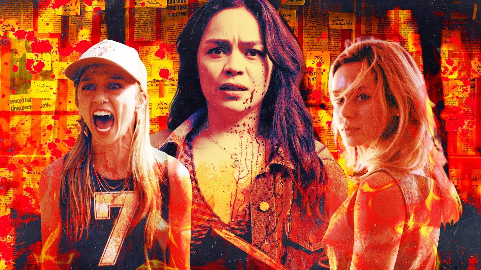 A photo illustration of Anna Lore, Kaitlyn Santa Juana, and Brec Bassinger in "Final Destination: Bloodlines."