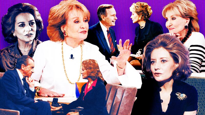 A photo illustration of Barbara Walters throughout the years interviewing public figures such as George H. W. Bush and Nixon.