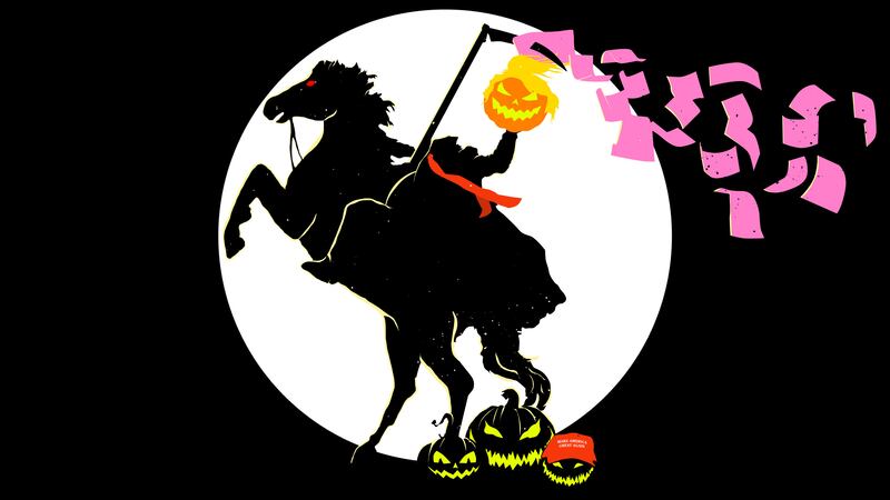 Headless horseman with a long red tie and a pumpkin head that looks like Donald Trump with a pumpkin wearing a MAGA hat and a scythe with pink slips blowing away