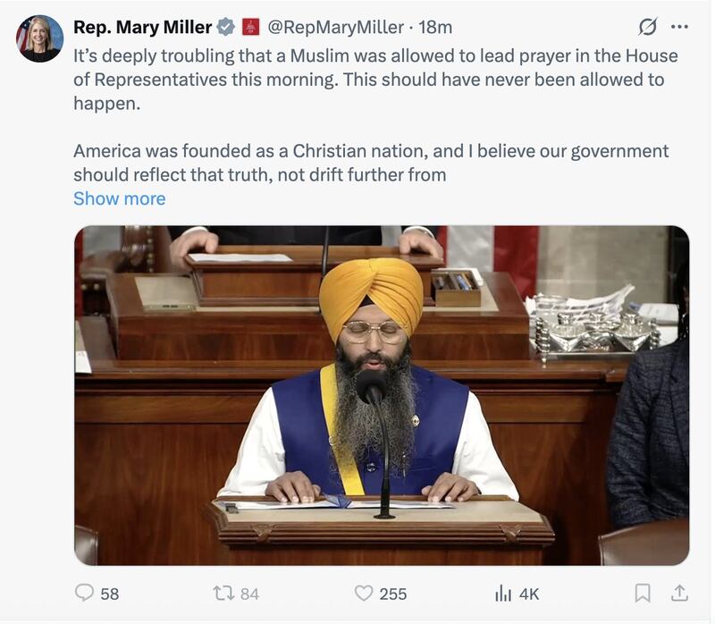 X post from Rep. Mary Miller.