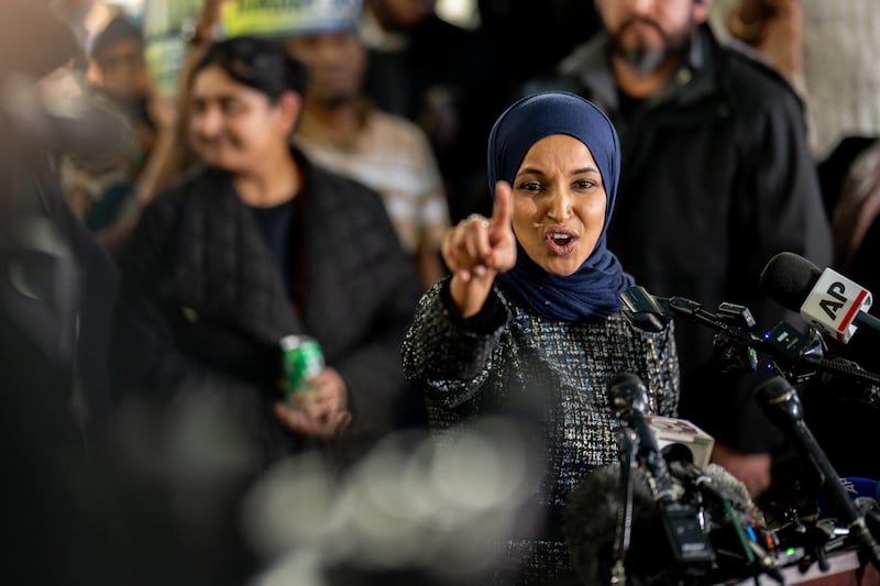 Rep. Ilhan Omar (D-MN) speaks during a press conference at the Karmel Mall on January 28, 2026 in Minneapolis, Minnesota.