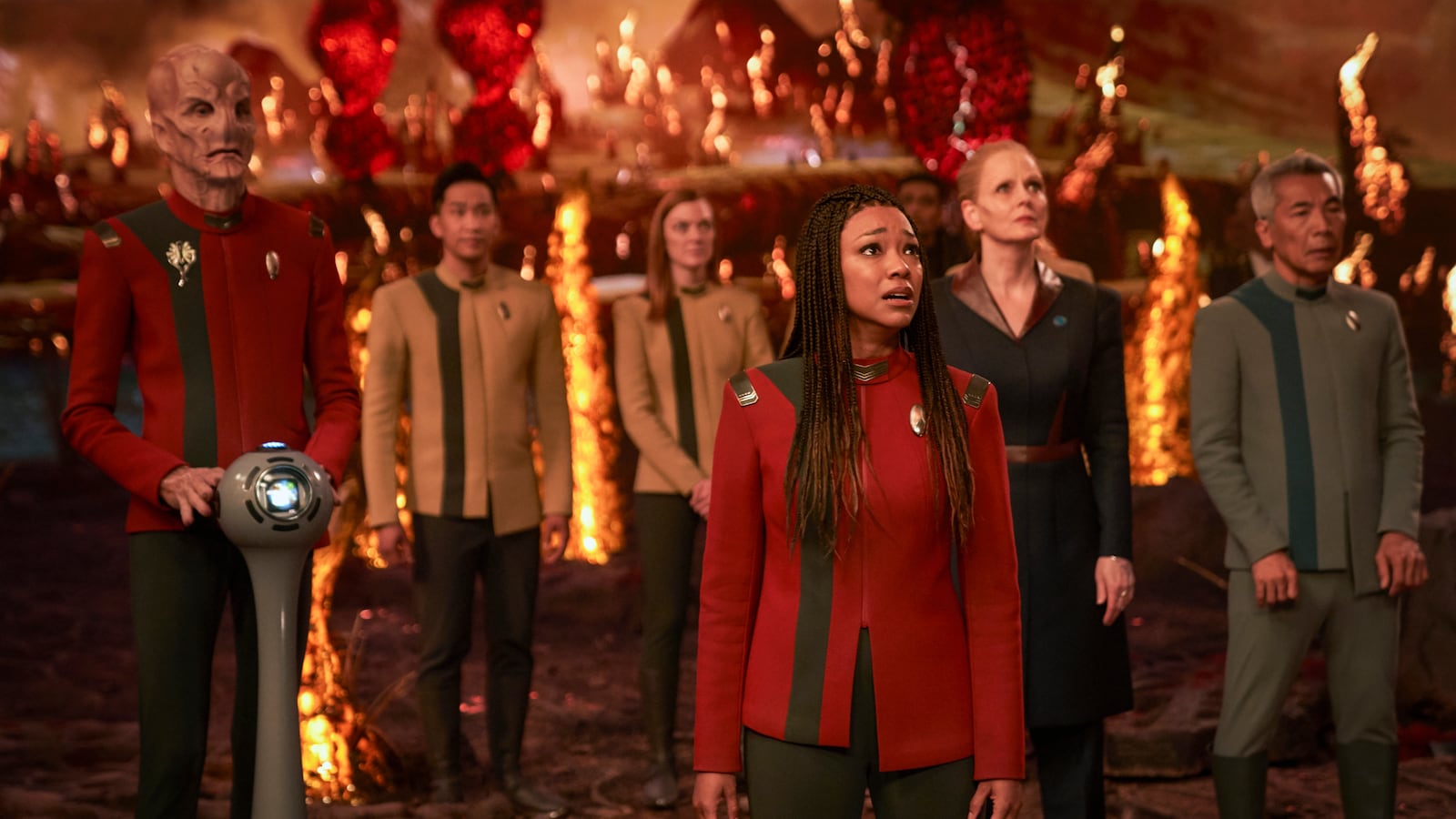 Doug Jones as Saru, Sonequa Martin-Green as Burnham, Chelah Horsdal as Rillak and Hiro Kanagawa as Dr. Hirai