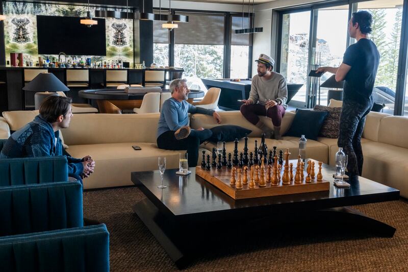 Jason Schwartzman, Steve Carell, Ramy Youssef, Cory Michael Smith in Mountainhead.