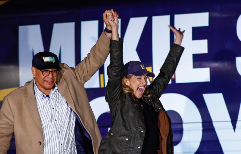 Democratic New Jersey gubernatorial candidate, Rep. Mikie Sherrill, with running mate Dr. Dale Caldwell attend a campaign event on November 3, 2025.