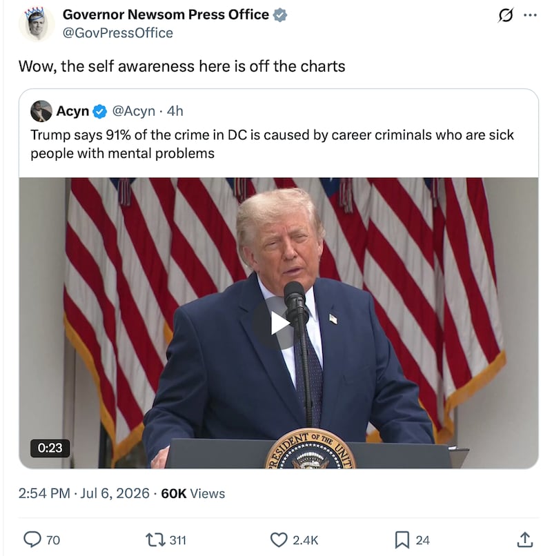 Newsom mocked Trump's lack of self-awareness when talking about "career criminals" in Washington.