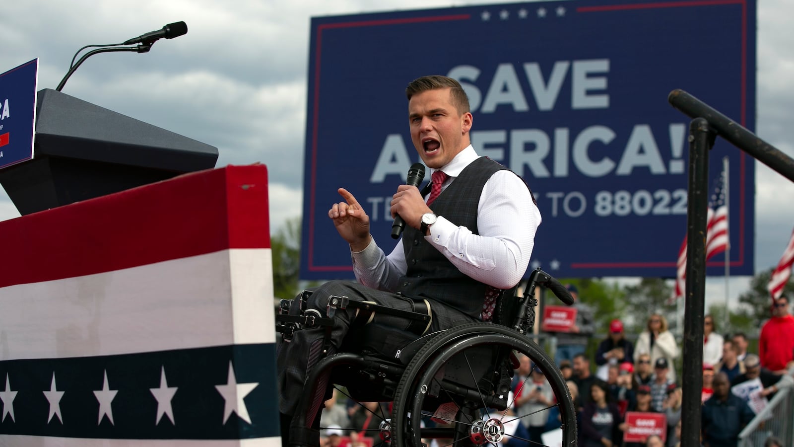 Madison Cawthorn speaks before a rally for Donald Trump