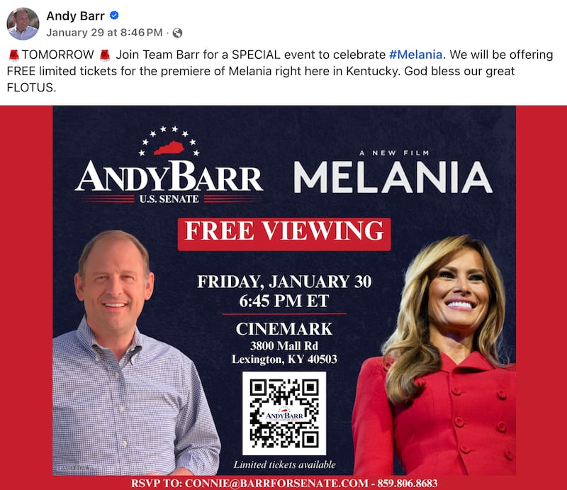 A Facebook post advertising Andy Barr's 'Melania' screening.