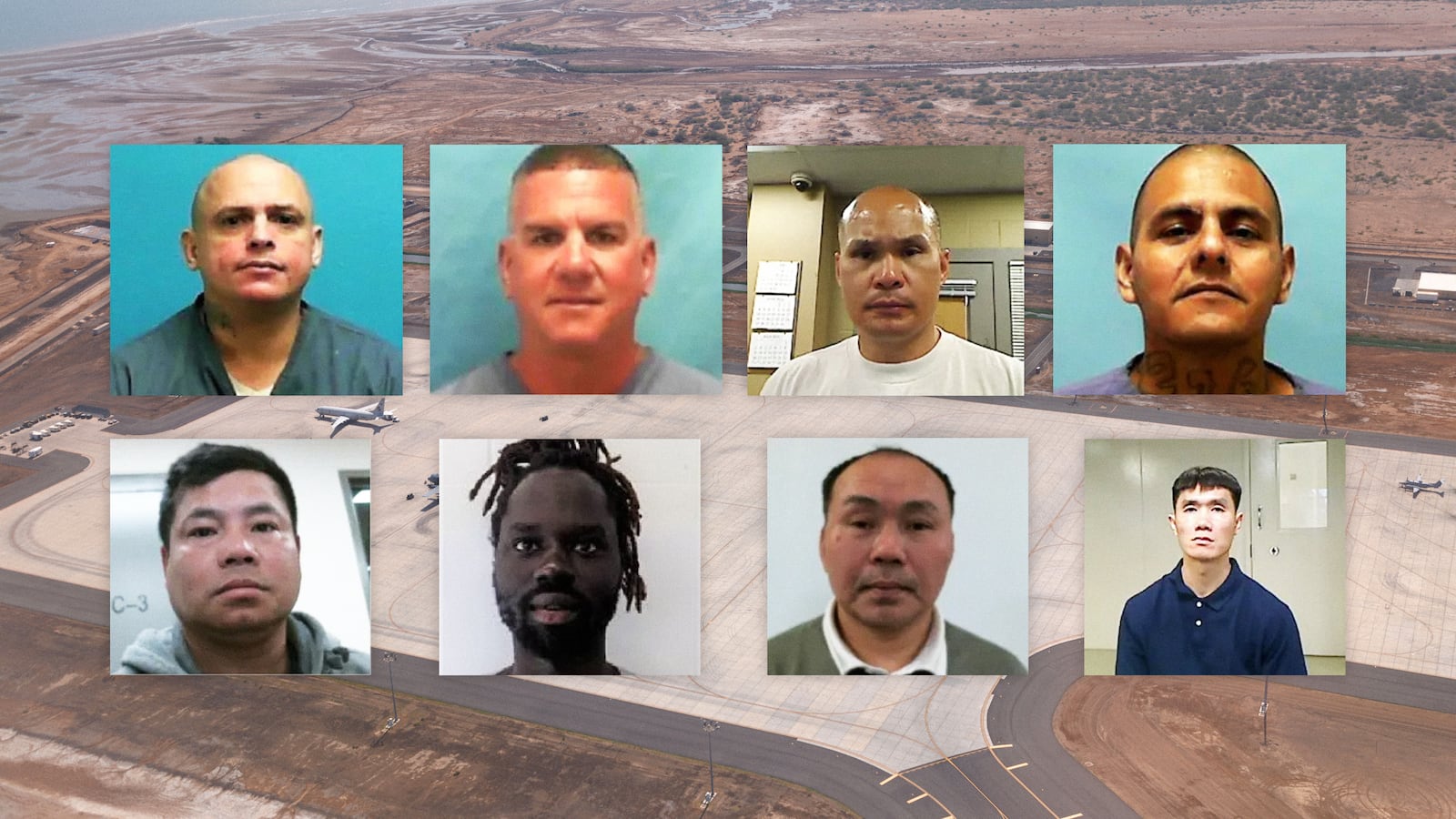 A photo illustration of mugshots of 8 men that are being held along with ICE agents at a US military base in Djibouti.