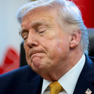 President Donald Trump reacts as he takes questions from reporters in the Oval Office at the White House in Washington, D.C. on March 16, 2026.