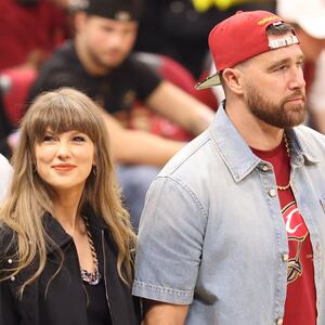 May 23, 2026; Cleveland, Ohio, USA; Taylor Swift and Travis Kelce during game three of the eastern conference finals for the 2026 NBA playoffs between the New York Knicks and Cleveland Cavaliers at Rocket Arena.