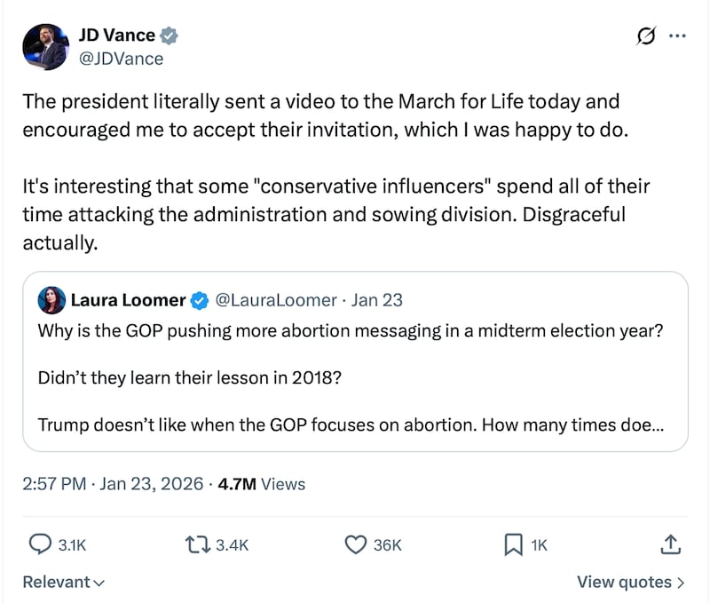 Vance and Loomer argued over his appearance at the March for Life last month. Vance has since said he has "no problem" with Loomer.