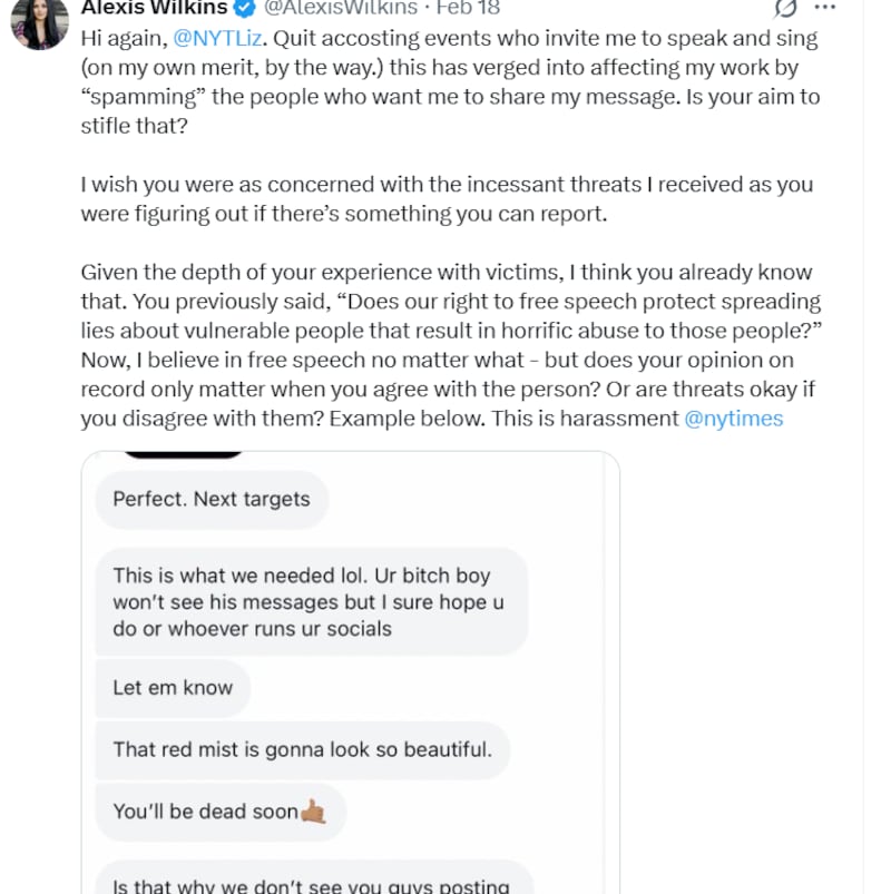 Alexis Wilkins repeatedly ranted about the reporter on social media.