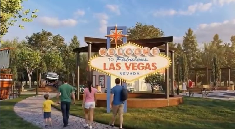 A park with a Las Vegas sign.