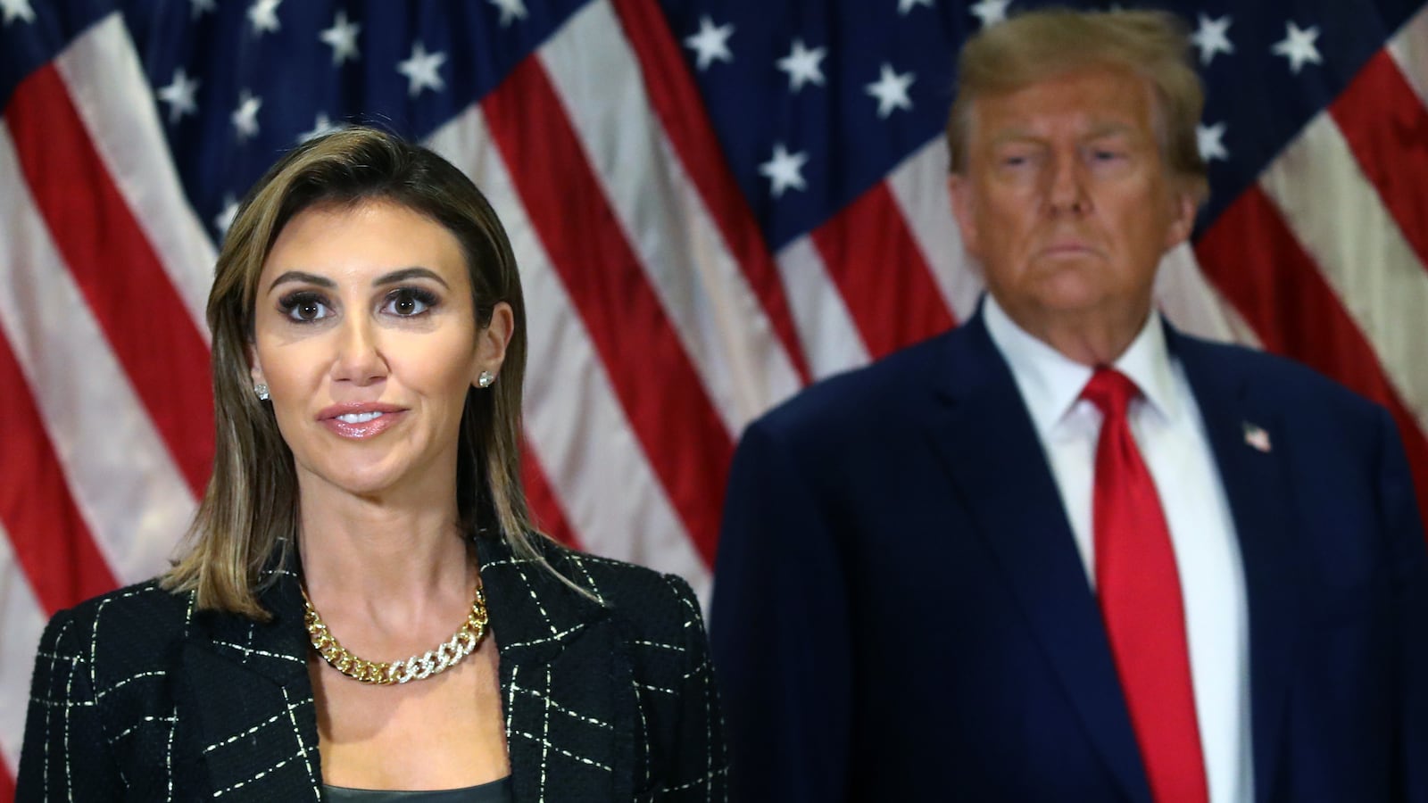 Donald Trump stands with his lawyer Alina Habba on January 11, 2024 in New York City.