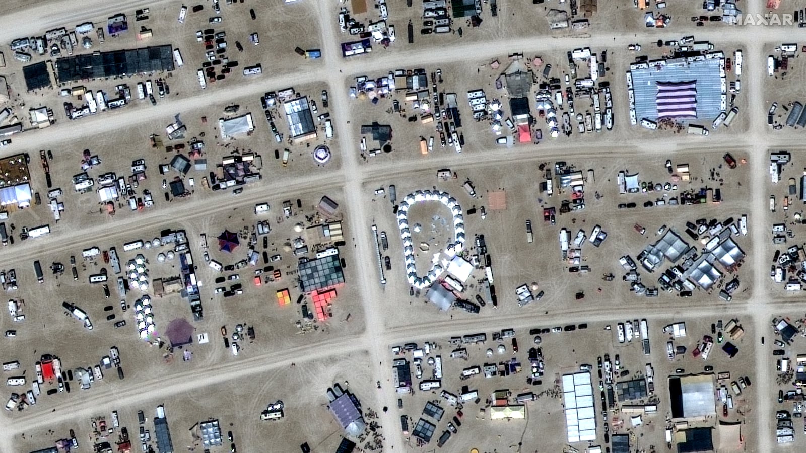 A satellite view shows a close up of tents during the 2023 Burning Man festival, in Black Rock Desert, Nevada, U.S., August 27, 2023.