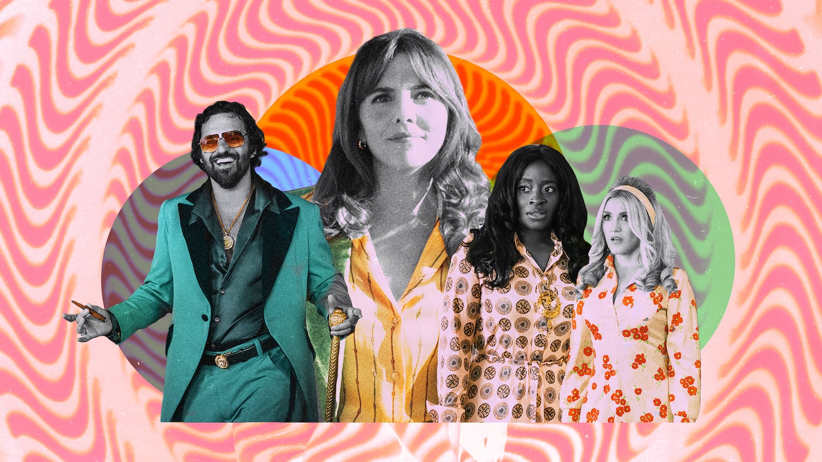 A photo illustration of Jake Johnson, Ophelia Lovibond, Idara Victor, and Jessica Lowe on Minx.