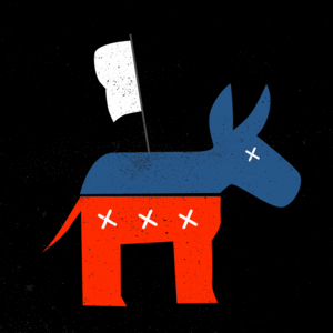 Democratic donkey with a white flag waving