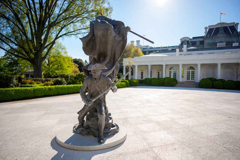 WASHINGTON, DC - APRIL 10: "Freedom's Charge" a Revolutionary War Bronze sculpture depicting the "charge" by Chas Fagan is visible in the Rose Garden after U.S. President Donald Trump departs from the White House on April 10, 2026 in Washington, DC. President Trump is traveling to Charlottesville, Virginia. (Photo by Andrew Harnik/Getty Images)
