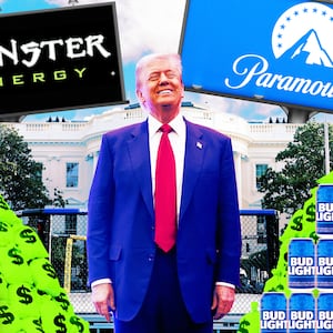 A photo illo illustration of Donald Trump in front of the UFC White House, money bags, Monster energy, Paramount+ and Bud Light.