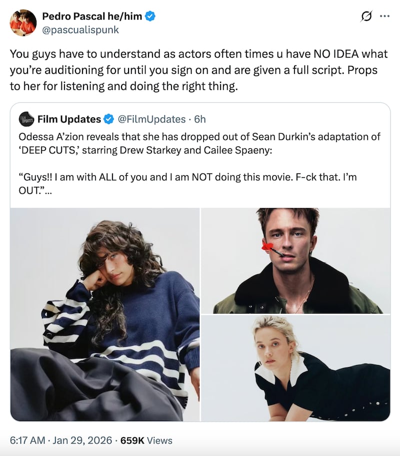 A screenshot of Pedro Pascal's post on X.