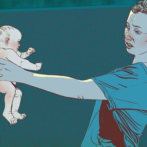 illustration of mom holding child at arm's length in blue and maroon postpartum depression zulresso fda approved expensive drug anxiety