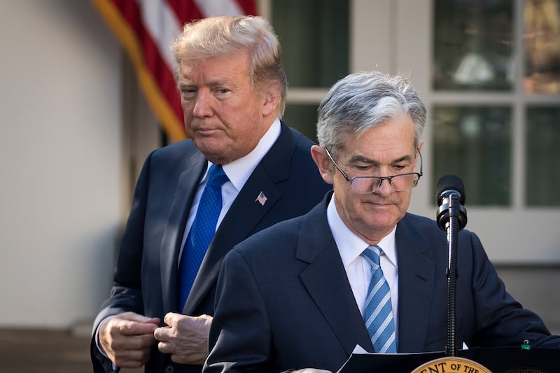 President Donald Trump looks on as Jerome Powell takes to the podium during a press event in the Rose Garden at the White House, November 2, 2017 in Washington, DC.