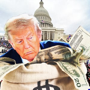 Illo illustration of Donald Trump coming out of a bag of money cash in front of the US Capitol building during the January 6 insurrection