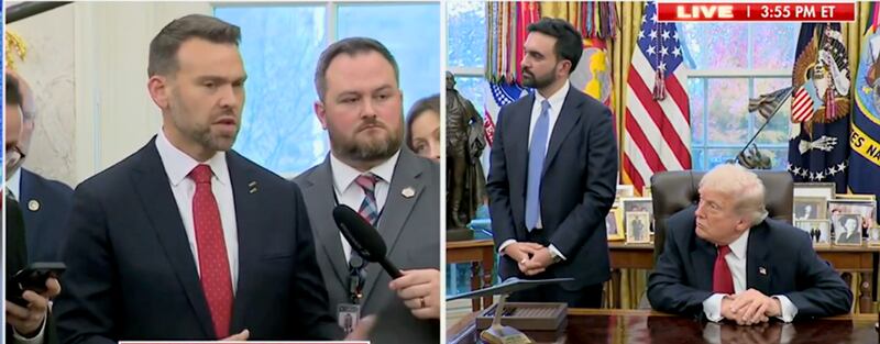 Jack Poesobic, left, was promptly shut down by Zohran Mamdani in the Oval Office when he asked if the mayor-elect would issue property taxes based on race.