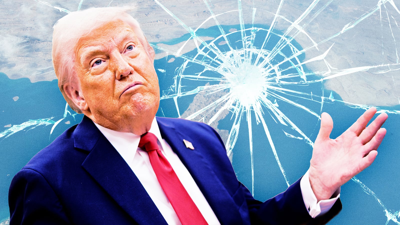 A photo illustration of Donald Trump shrugging in front of a satellite image of a broken Strait of Hormuz.
