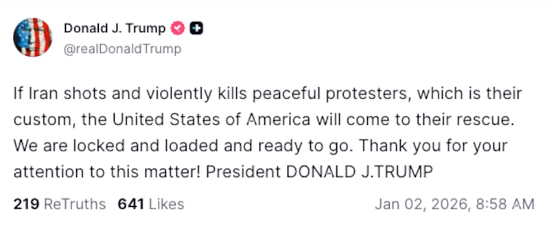 Trump's Truth Social post threatening Iran.