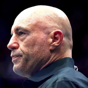 NEWARK, NEW JERSEY - JUNE 07: Joe Rogan looks on during UFC 316 at the Prudential Center on June 07, 2025 in Newark, New Jersey. (Photo by Elsa/Getty Images)