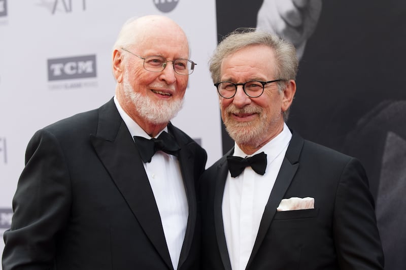HOLLYWOOD, CA - JUNE 09: Honoree John Williams (L) and director Steven Spielberg arrive at the 2016 American Film Institute Life Achievement Awards Honoring John Williams at Dolby Theatre on June 9, 2016 in Hollywood, California. (Photo by Emma McIntyre/Getty Images)