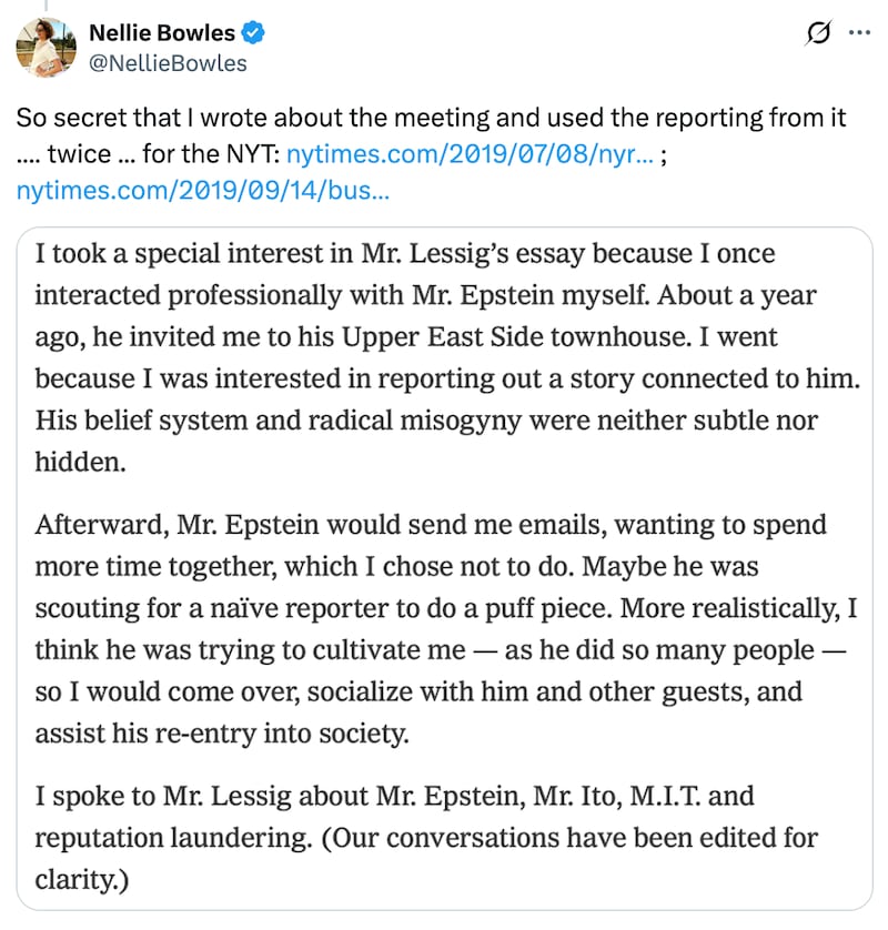 Nellie Bowles' response to a tweet highlighting her correspondence and 2018 meeting with Jeffrey Epstein.