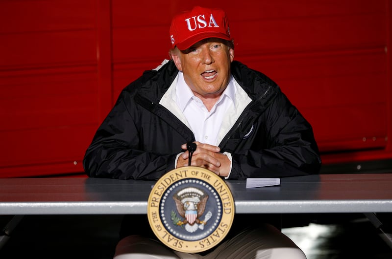 U.S. President Donald Trump speaks during a briefing at Lake Charles Fire House  as he visits nearby areas damaged by Hurricane Laura in Lake Charles, Louisiana, U.S., August 29, 2020.  REUTERS/Tom Brenner
