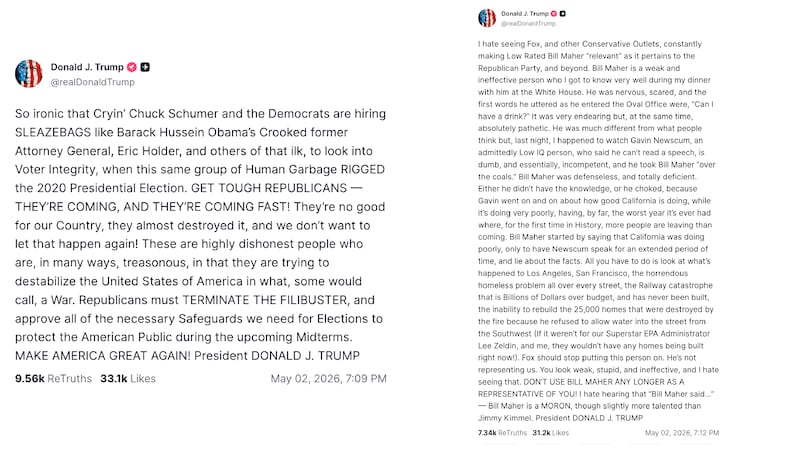 The president went on a tirade against Fox News and top Democrats, whom he called “SLEAZEBAGS.” His public schedule shows that he posted the same evening he flew from Palm Beach to Miami to attend the PGA Tour Cadillac Championship.