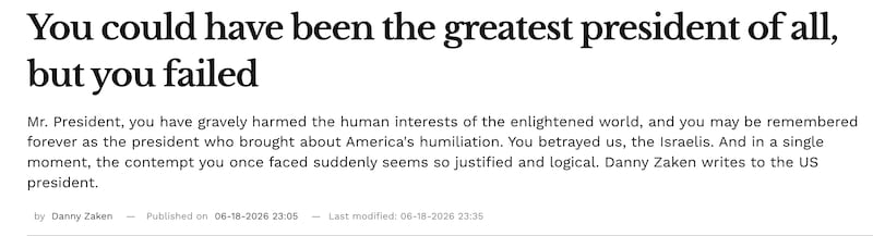The headline and deck of a scathing op-ed published in Trump megadonor's newspaper.
