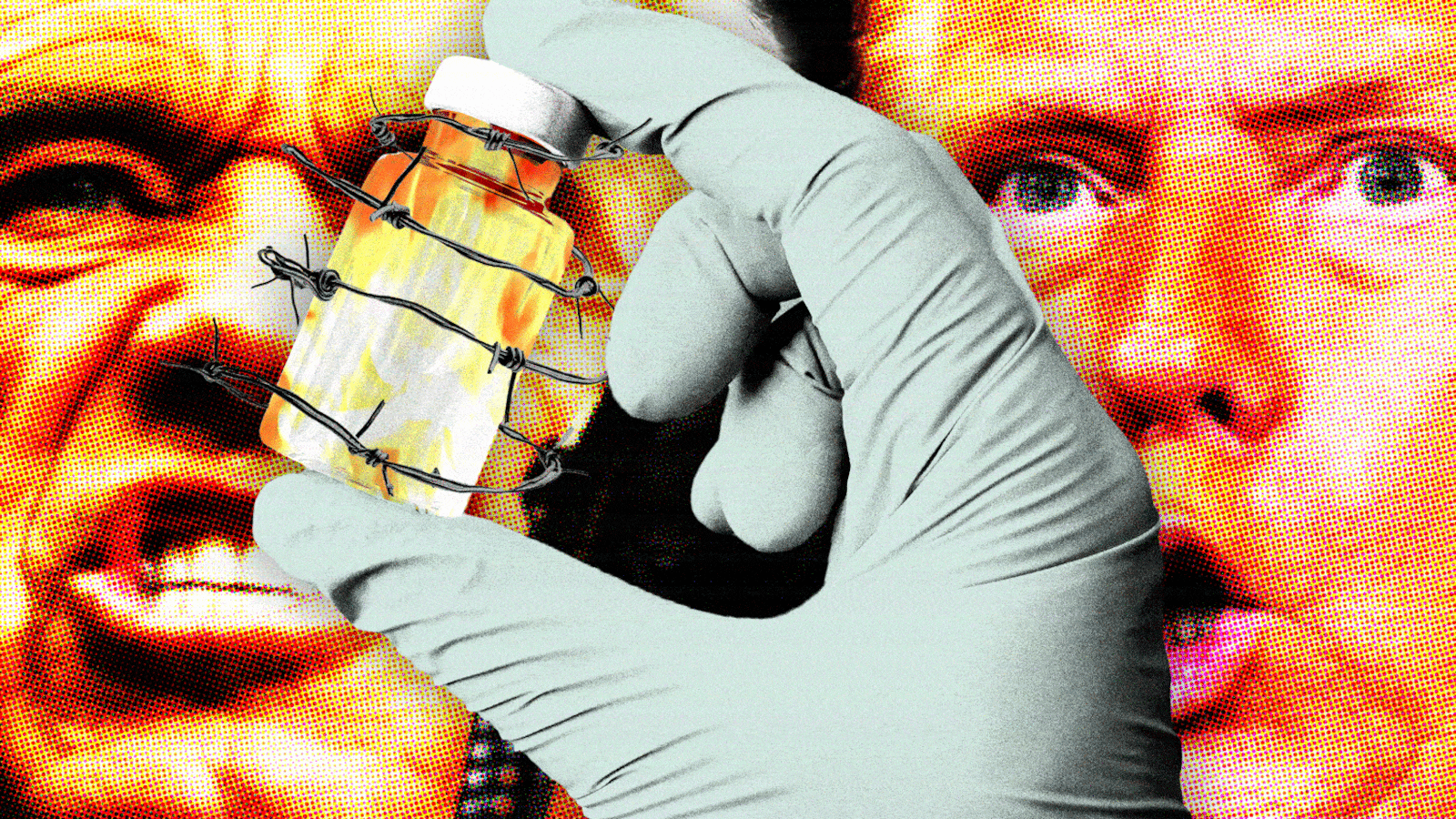 Robert F Kennedy Jr. and Donald Trump behind a medical gloved hand holding vaccine vial wrapped in barbed wire
