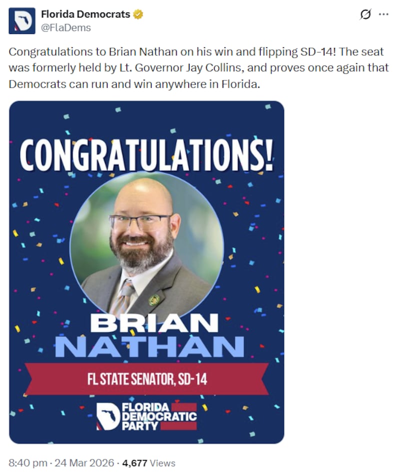 Florida Democrats celebrated their second win of the night.