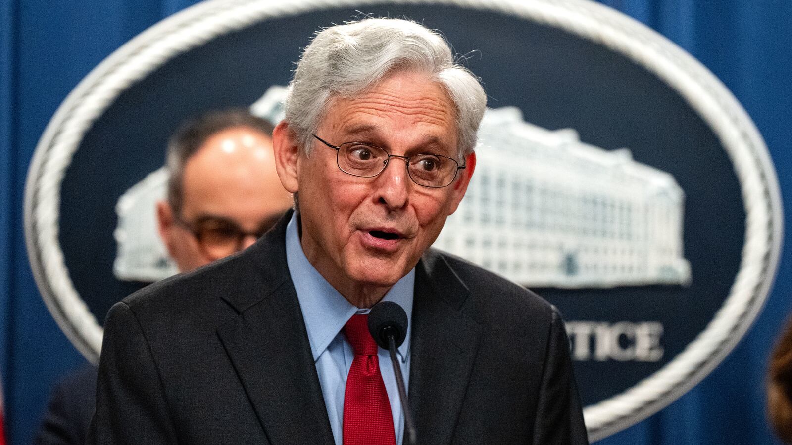 U.S. Attorney General Merrick Garland takes questions from reporters during a news conference at the Department of Justice Building on May 23, 2024 in Washington, DC.