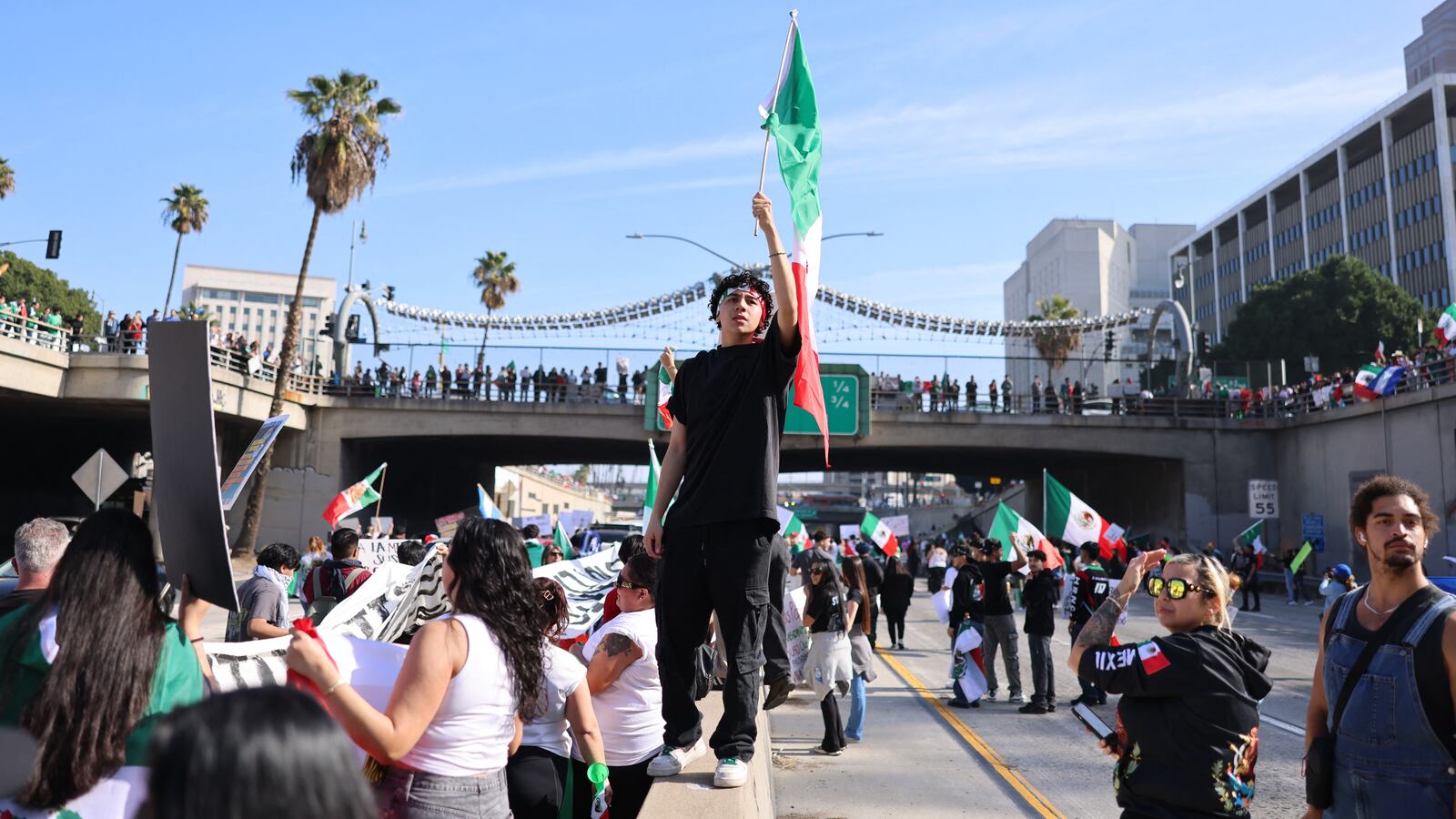 Protesters blocked a freeway in Los Angeles while demonstrating against Donald Trump’s illegal immigration crackdown ICE deportations.