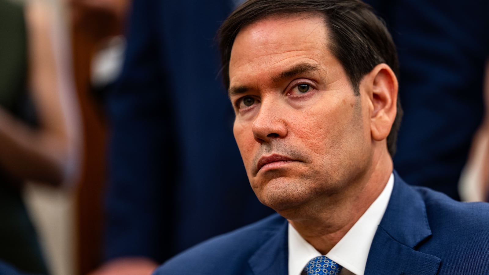 WASHINGTON, DC - JULY 14: U.S. Secretary of State Marco Rubio listens as U.S. President Donald Trump meets with Mark Rutte, NATO's secretary general, at the White House on July 14, 2025 in Washington, DC. The President told reporters over the weekend that he would be making a "major statement" today about Russia, as he expressed his growing frustration with President Vladimir Putin's refusal to end the war in Ukraine. (Kent Nishimura for The Washington Post via Getty Images)
